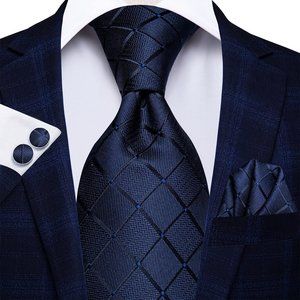 Navy Blue plaid Woven Silk Necktie for Men with Pocket Square and Cufflinks